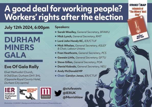 🚀1 week until the <a href="/IERUK/">Institute of Employment Rights</a> X <a href="/ctufevents/">Campaign for Trade Union Freedom</a> eve of <a href="/DurhamGala/">Durham Miners' Gala</a> fringe, which includes the launch of the Miners’ Next Step by <a href="/strike_map/">Strike Map</a> X <a href="/Manifesto_Press/">Manifesto Press Co-operative</a>

📍Elvet Methodist Church
6pm|12 July 

🗣️ <a href="/sarahwoolley01/">sarah woolley</a> <a href="/MickWhelanASLEF/">Mick Whelan</a> <a href="/FranHeathcote/">Fran Heathcote</a> <a href="/DanielKebedeNEU/">Daniel Kebede</a> <a href="/Morrishlaw/">Morrish Solicitors</a>