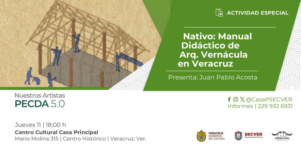 CasaPSECVER's tweet photo. Asiste el próximo jueves 11 a la presentación del "Manual de arquitectura vernácula veracruzana", y conoce los diferentes tipos de vivienda vernácula en Veracruz, dependiendo de las condiciones del medio y tradiciones de cada región.
Presenta Juan Pablo Acosta Prom
Entrada libre https://t.co/7mknFP8Wd3