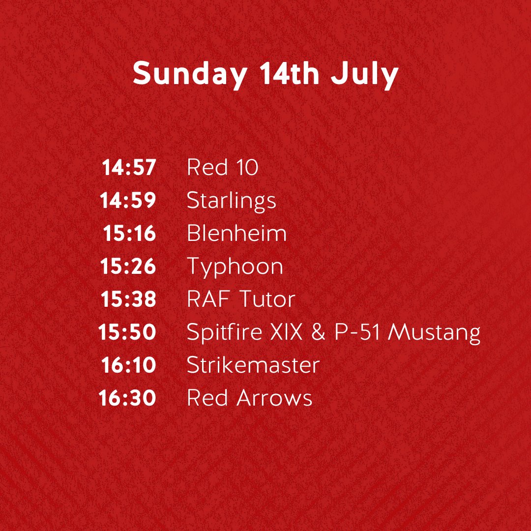 Flight times ✈️

Here's the rundown of the aircrafts and the times they'll be flying this weekend.

Remember to book your tickets using the link in our bio, or you can buy them on the day!

We can't wait to see you there! 🌟
