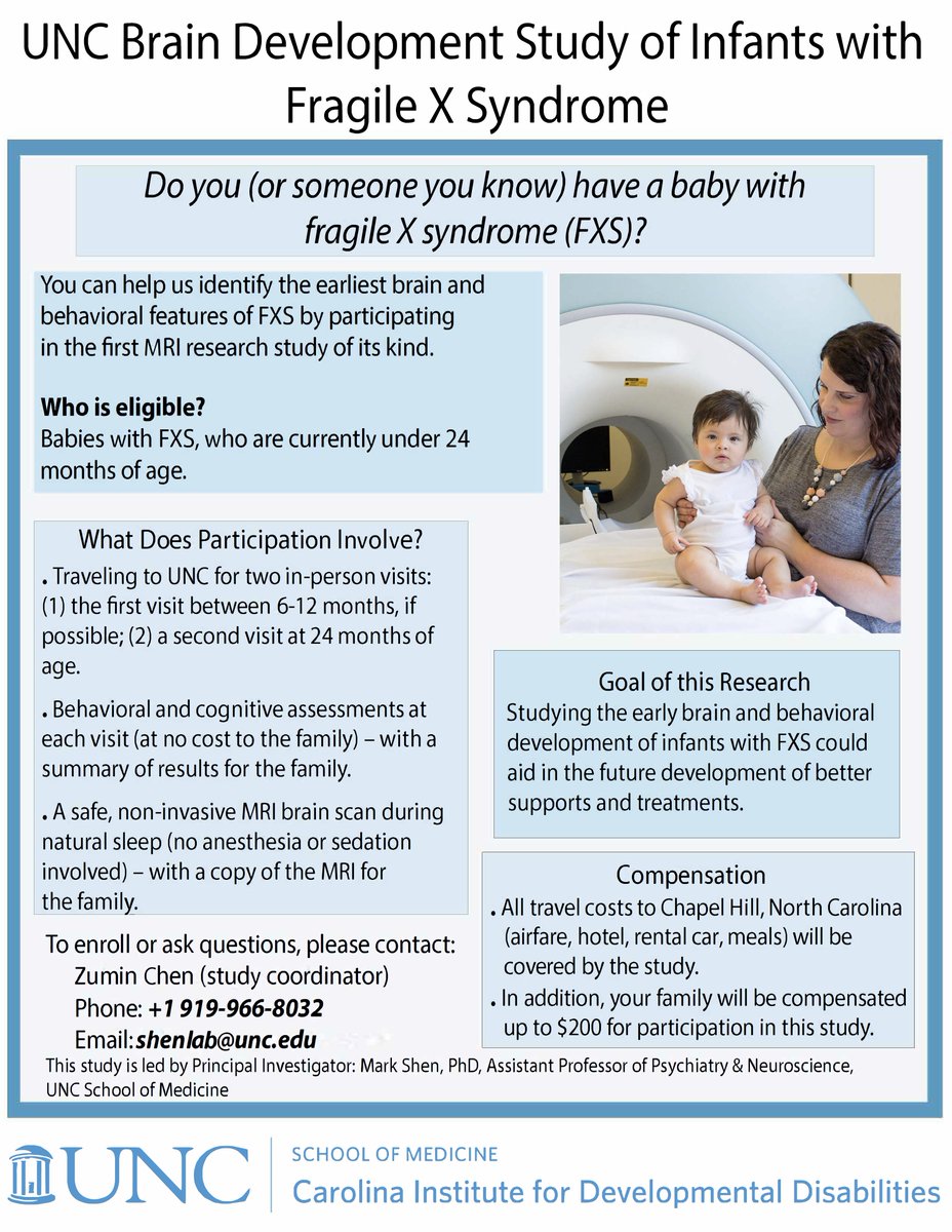 FRAXAresearch's tweet photo. Do you (or someone you know) have a baby with Fragile X syndrome (FXS)?
Participating in the study can help the University of North Carolina School of Medicine identify the earliest brain and behavioral features of FXS.
#FragileX #FXResearch #FragileXResearch #research https://t.co/ECc0AqTyxw