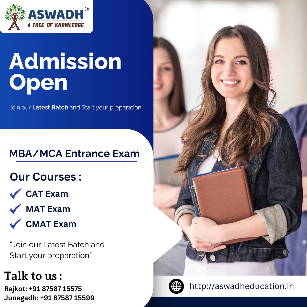 aswadheducation's tweet image. Admission open For 2024

MBA/MCA Entrance Exams : 
CAT | MAT | CMAT 
XAT | SNAP | ATMA

Rajkot: 87587 15575
Junagadh : 87587 15599

#catexam #matexam #cmatexam #xatexam #snapexam #entranceexams #rajkot #junagadh #examguide #bschooladmission #collegeadmission