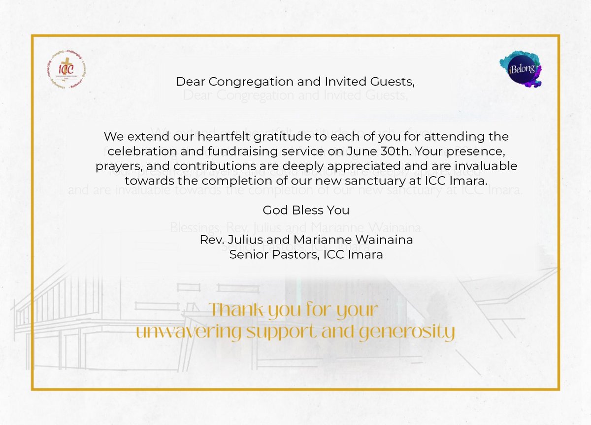 We extend our heartfelt gratitude to each of you for attending the celebration and fundraising service on June 30th. Your presence, prayers, and contributions are deeply appreciated and are invaluable towards the completion of our new sanctuary at ICC Imara. Blessings!

#Weare7