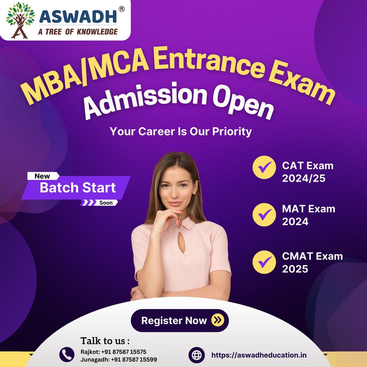 aswadheducation's tweet image. Admission open For 2024

MBA/MCA Entrance Exams : 
CAT | MAT | CMAT 
XAT | SNAP | ATMA

Rajkot: 87587 15575
Junagadh : 87587 15599

#catexam #matexam #cmatexam #xatexam #snapexam #entranceexams #rajkot #junagadh #examguide #bschooladmission #collegeadmission
