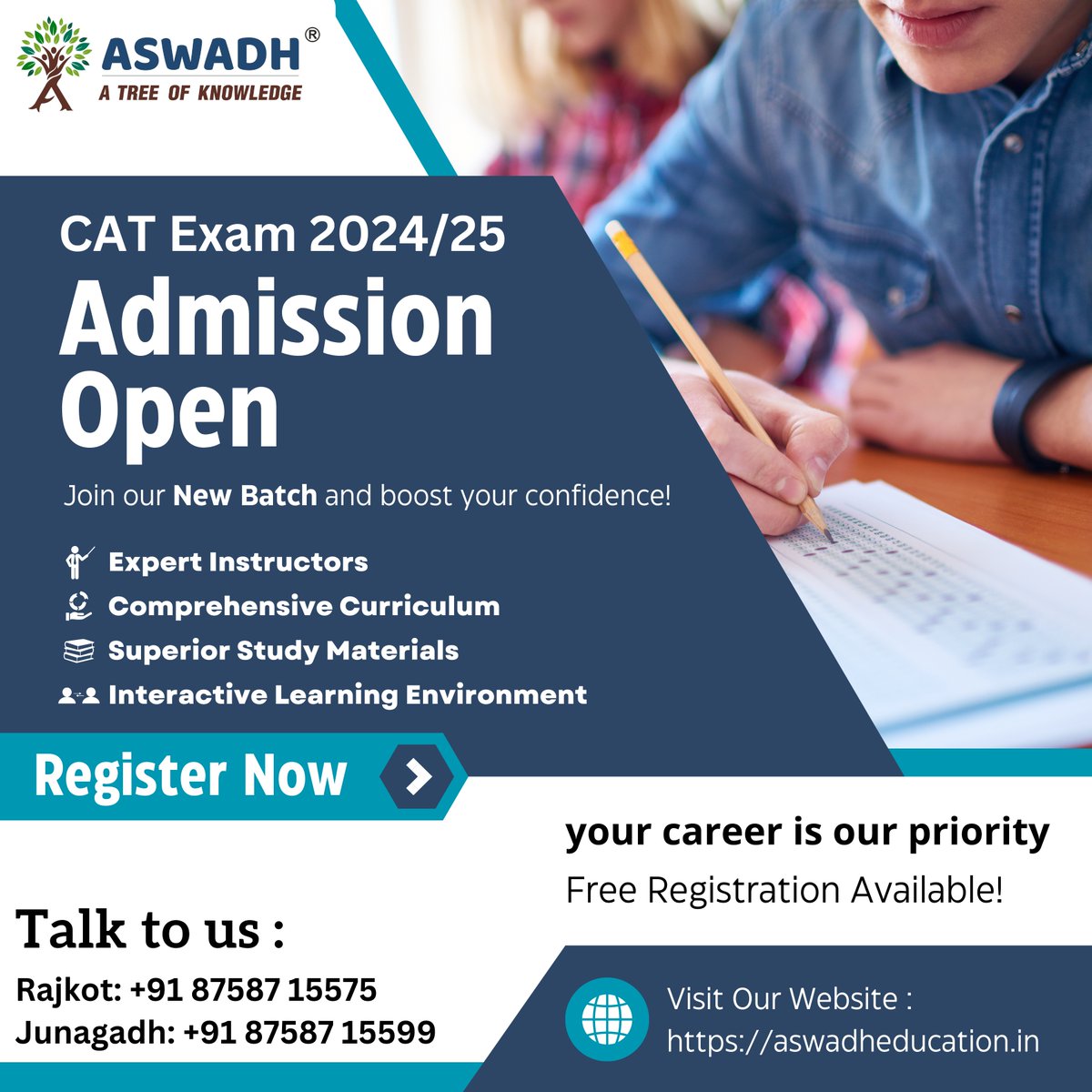 aswadheducation's tweet image. Admission open For 2024

MBA/MCA Entrance Exams : 
CAT | MAT | CMAT 
XAT | SNAP | ATMA

Rajkot: 87587 15575
Junagadh : 87587 15599

#catexam #matexam #cmatexam #xatexam #snapexam #entranceexams #rajkot #junagadh #examguide #bschooladmission #collegeadmission