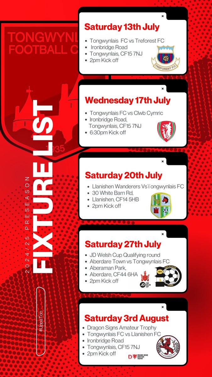 Tongwynlais Football Club (@tongwynlaisfc) on Twitter photo A few changes to our 2024/25 preseason fixture list, complete with our FAW Welsh cup and Dragon Signs Amateur Trophy opponents from last nights draw.
#UppaTon
<a href="/AberdareTown/">Aberdare Town FC</a> <a href="/LlanWanderers/">Llanishen Wanderers</a> <a href="/llanishenfc/">Llanishen FC</a> <a href="/ClwbCymric/">Clwb Cymric</a> <a href="/TreforestFC/">Treforest FC</a> A few changes to our 2024/25 preseason fixture list, complete with our FAW Welsh cup and Dragon Signs Amateur Trophy opponents from last nights draw.
#UppaTon
<a href="/AberdareTown/">Aberdare Town FC</a> <a href="/LlanWanderers/">Llanishen Wanderers</a> <a href="/llanishenfc/">Llanishen FC</a> <a href="/ClwbCymric/">Clwb Cymric</a> <a href="/TreforestFC/">Treforest FC</a>