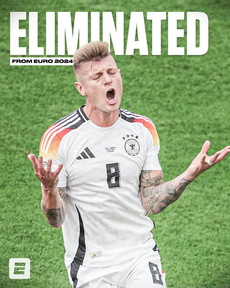 ESPNFC's tweet photo. GERMANY ARE ELIMINATED FROM EURO 2024 AFTER LOSING 2-1 TO SPAIN IN THE QUARTERFINALS.

SPAIN WILL PLAY THE WINNER OF PORTUGAL-FRANCE IN THE SEMIS 🔥 https://t.co/c4bnSDvCtI