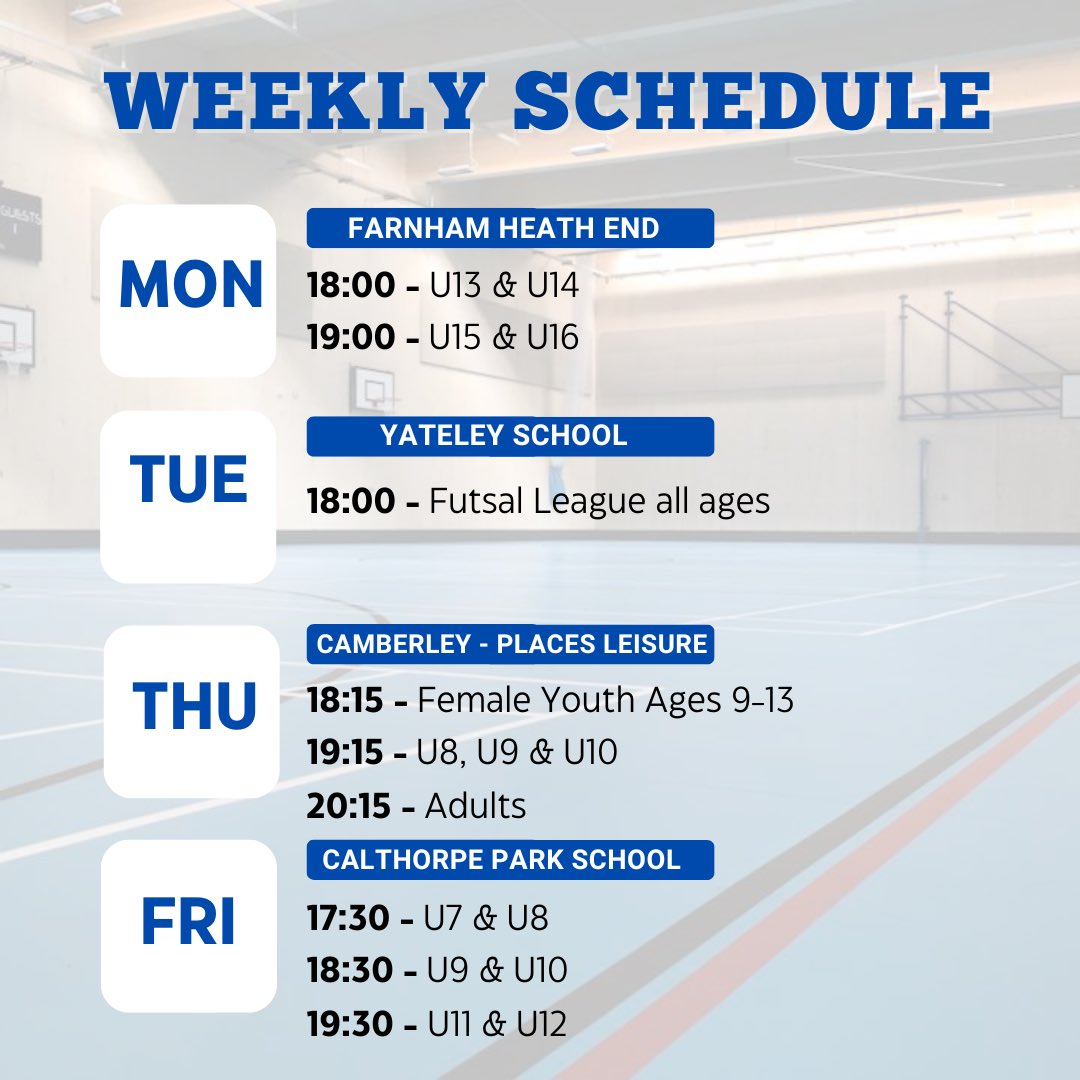 Our weekly schedule is now LIVE! 

Book your sessions via our website but be quick, we’re in full in a couple already 👀

futsaldevelopmentcentre.co.uk 

<a href="/HampshireFA/">Hampshire FA</a> <a href="/NatFutsalLeague/">National Futsal League</a> <a href="/FA_NFS/">FA National Futsal Series</a> <a href="/FutsalRt/">FutsalRT</a>