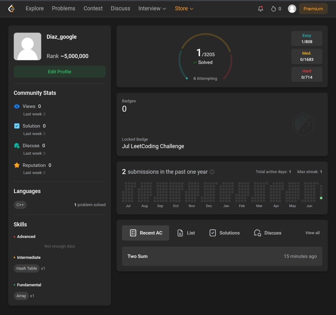 JensenDiaz29032's tweet image. "Excited to share that after a week of consistent coding, I've cracked my first LeetCode problem! 💻🎉 Looking forward to tackling more challenges and leveling up my skills. #CodingJourney #LeetCode #ProgrammingSuccess"
