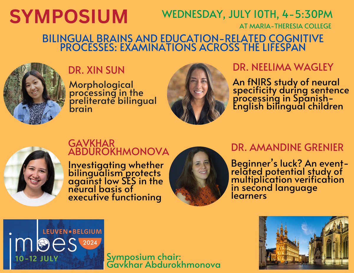 GAbdurokhmonova's tweet photo. I’m so pumped for @IMBESoc next week in Leuven🇧🇪! Come hear🌟@xinsun1007, @wagley_neelima, @AmandineGrenie3 &amp; me🌟share our work on bilingualism🗣️, the brain🧠&amp; development at our symposium on July 10th! 🇧🇪🧇🍫
More on all exciting things #IMBES2024 here: https://t.co/luj7N2ddfk https://t.co/8e1UtsZ1oA
