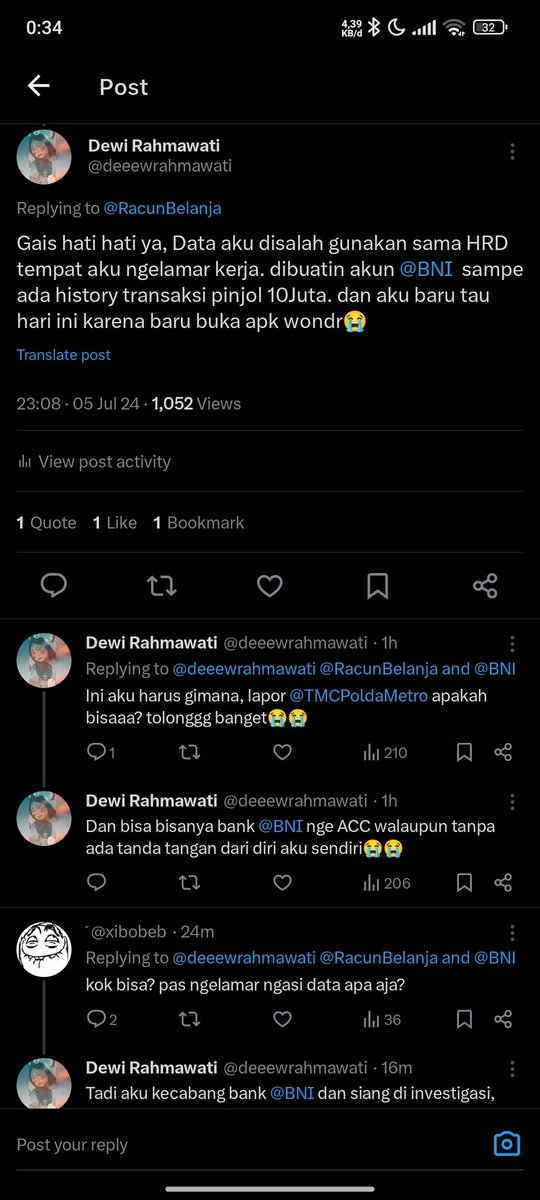 Dewi Rahmawati (@deeewrahmawati) on Twitter photo Rencana jajan Shihlin 7000 hasil promo wondr by <a href="/BNI/">PT Bank Negara Indonesia (Persero) Tbk.</a> malah tau fakta data saya di gilakan sama HRD sampe transaksi pinjol 10Juta😭 Rencana jajan Shihlin 7000 hasil promo wondr by <a href="/BNI/">PT Bank Negara Indonesia (Persero) Tbk.</a> malah tau fakta data saya di gilakan sama HRD sampe transaksi pinjol 10Juta😭