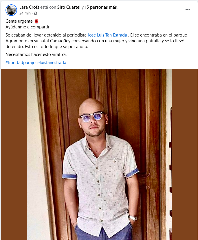 joseraul86's tweet image. Se confirma que @JLperiodista96 fue detenido.
Se encontraba en el parque Agramonte de Camagüey, mandando mensajes de Whatsapp, cuando se lo llevaron en una patrulla. 
Su teléfono está apagado.