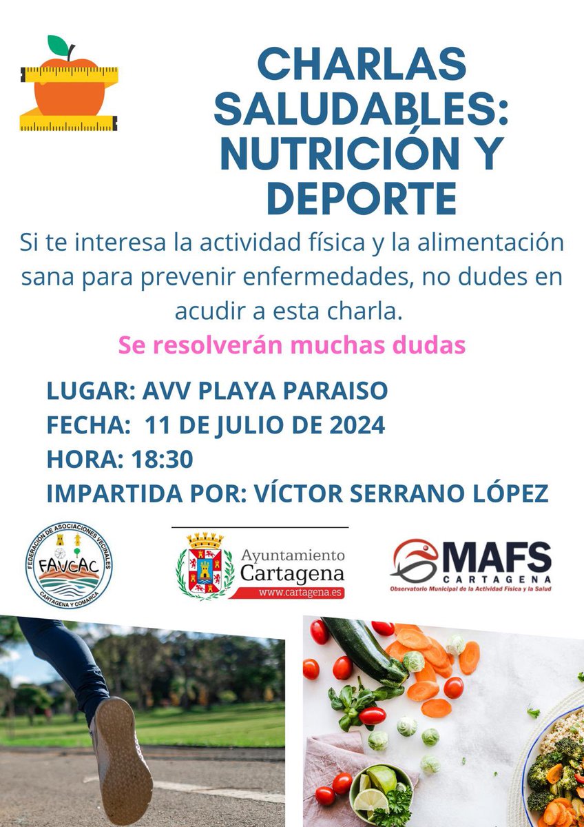 👉 La próxima semana tendremos una charla de nutrición y deporte, en la sede de la asociación de vecinos de Playa Paraíso.
👉Esperamos vuestra presencia para resolver cualquier duda que podáis tener para que mejore la calidad de vida 🥑🥗🏊‍♂️🚴🏼‍♂️
<a href="/FAVCAC/">FAVCAC </a>
@AVPlayaParaíso