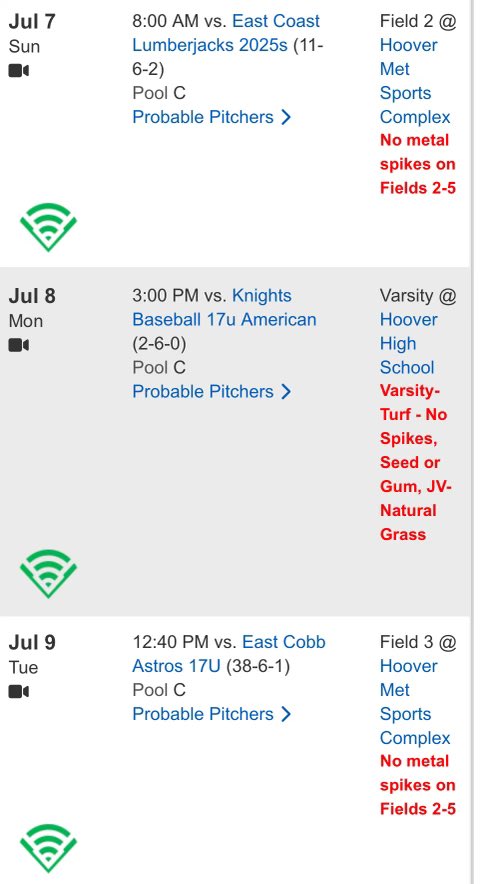 Our pool schedule for the <a href="/PG_Tourney/">Perfect Game Tournaments</a> 17U National Elite Championship in Hoover, AL.
