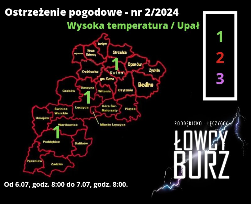 🟩 1. STOPIEŃ OSTRZEŻENIA POGODOWEGO PRZED WYSOKIMI TEMPERATURAMI/ UPAŁEM 

⚡Link do wpisu na naszej stronie internetowej!! 
poddebicko-leczyccy-lowcy-burz.prv.pl/ostrzezenie-po…

🟢 WAŻNOŚĆ:
Od 6.07, godz. 8:00 do 7.07, godz. 8:00.