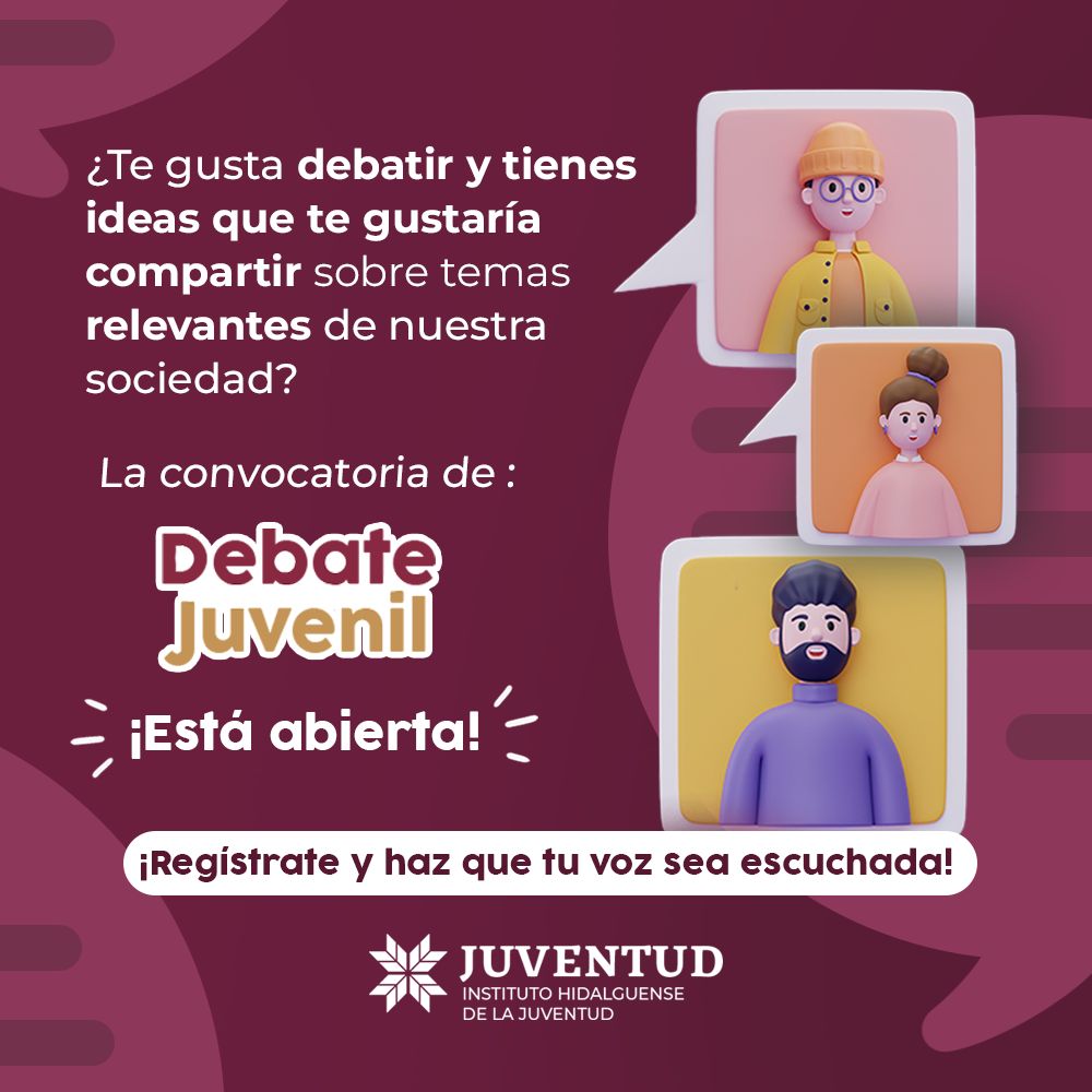📣 ¡EXCELENTE NOTICIA! 🗣️
Nuestra convocatoria Debate Juvenil 2024 oficialmente se encuentra abierta. 😱
👉🏽¿Les gustaría saber más al respecto? Ingresen a: juventud.hidalgo.gob.mx/Convocatorias