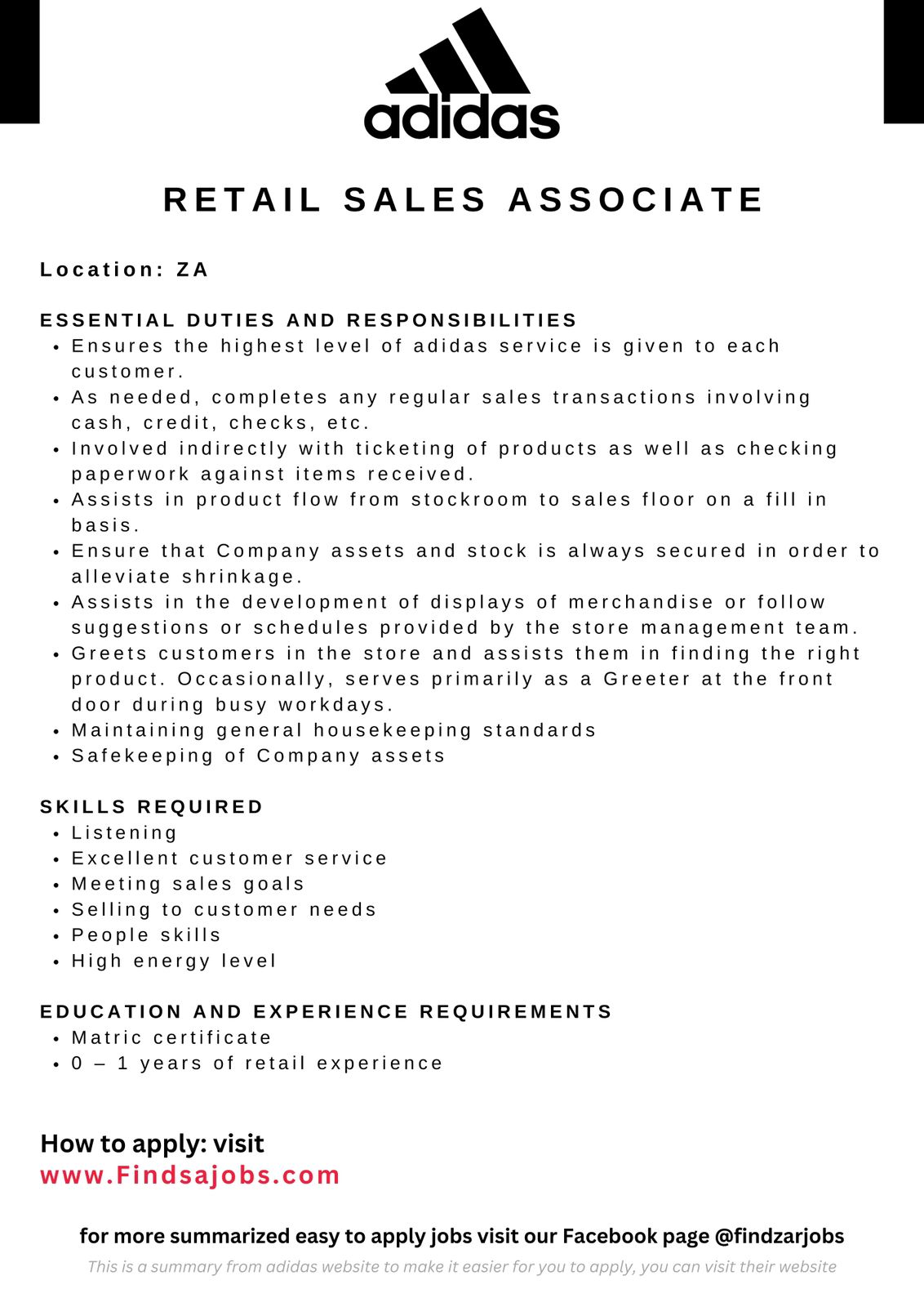 Carol B. on X NEW ADIDAS RETAIL SALES ASSOCIATE ONLY MATRIC NEEDED NO EXPERIENCE NEEDED Requirements Grade 12 For more details and how to apply Click the link