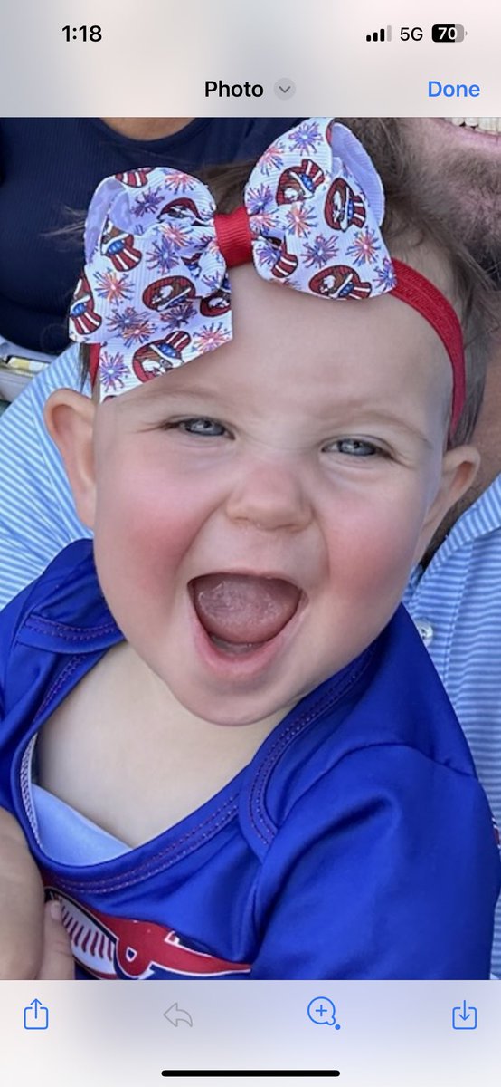 AislinnWake's tweet photo. @Cubs please find my niece’s adorable face and put her on tv. She made the Jumbotron right after honoring the military personnel at the game, but she did not make the tv broadcast. The out of state family wants to see our 🐝 #GoCubsGo https://t.co/UKCXRRCMBJ