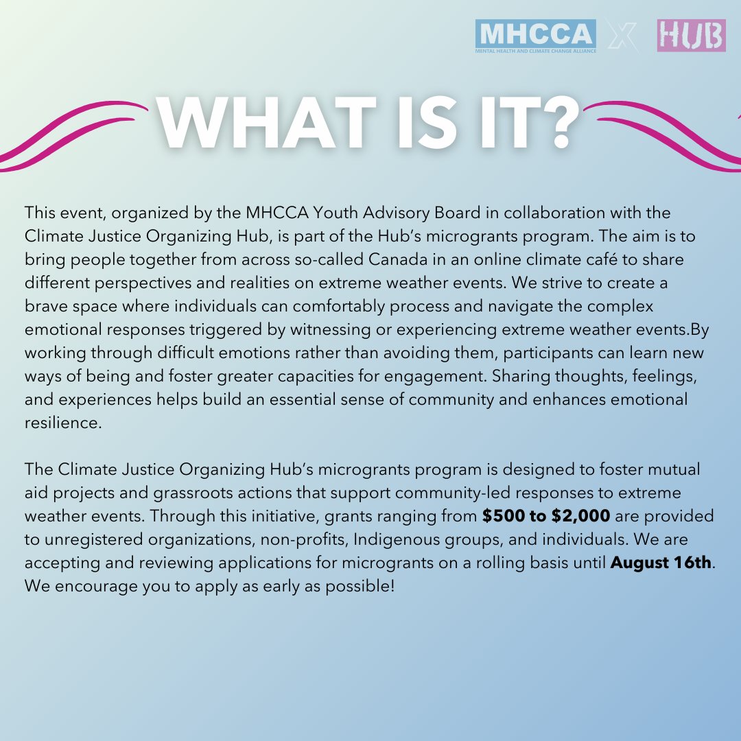 The MHCCA is excited to collaborate with theclimatejusticeorganizinghub on a Climate Café taking place July 31st at 4 PM PDT! Tune in to discuss how to grow resiliency in the face of extreme weather events. Click our bio to register and to explore the HUB's microgrant program!
