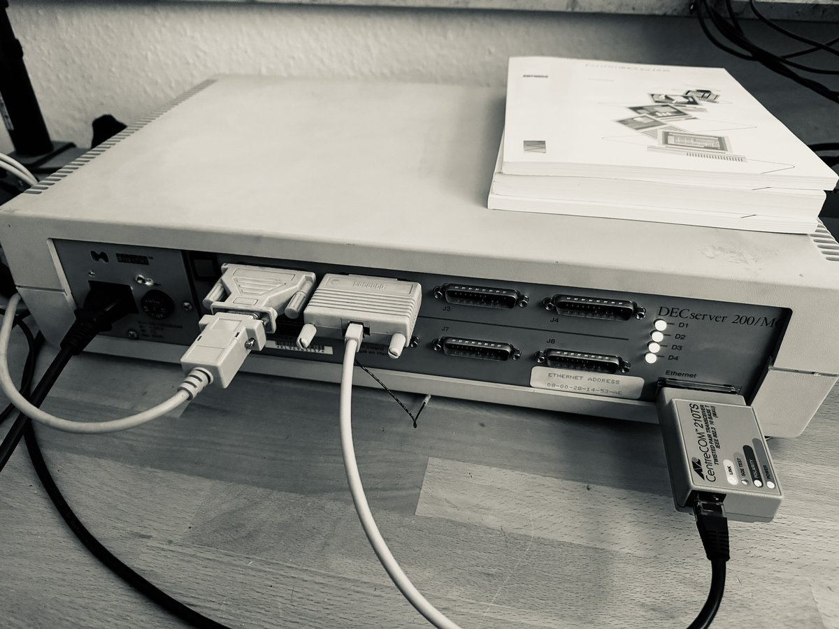 deccomputers's tweet photo. Playing around with a #DECserver 200/MC, two terminals and a #VAX #OpenVMS #VMS #DEC https://t.co/AlE9REwV8Y
