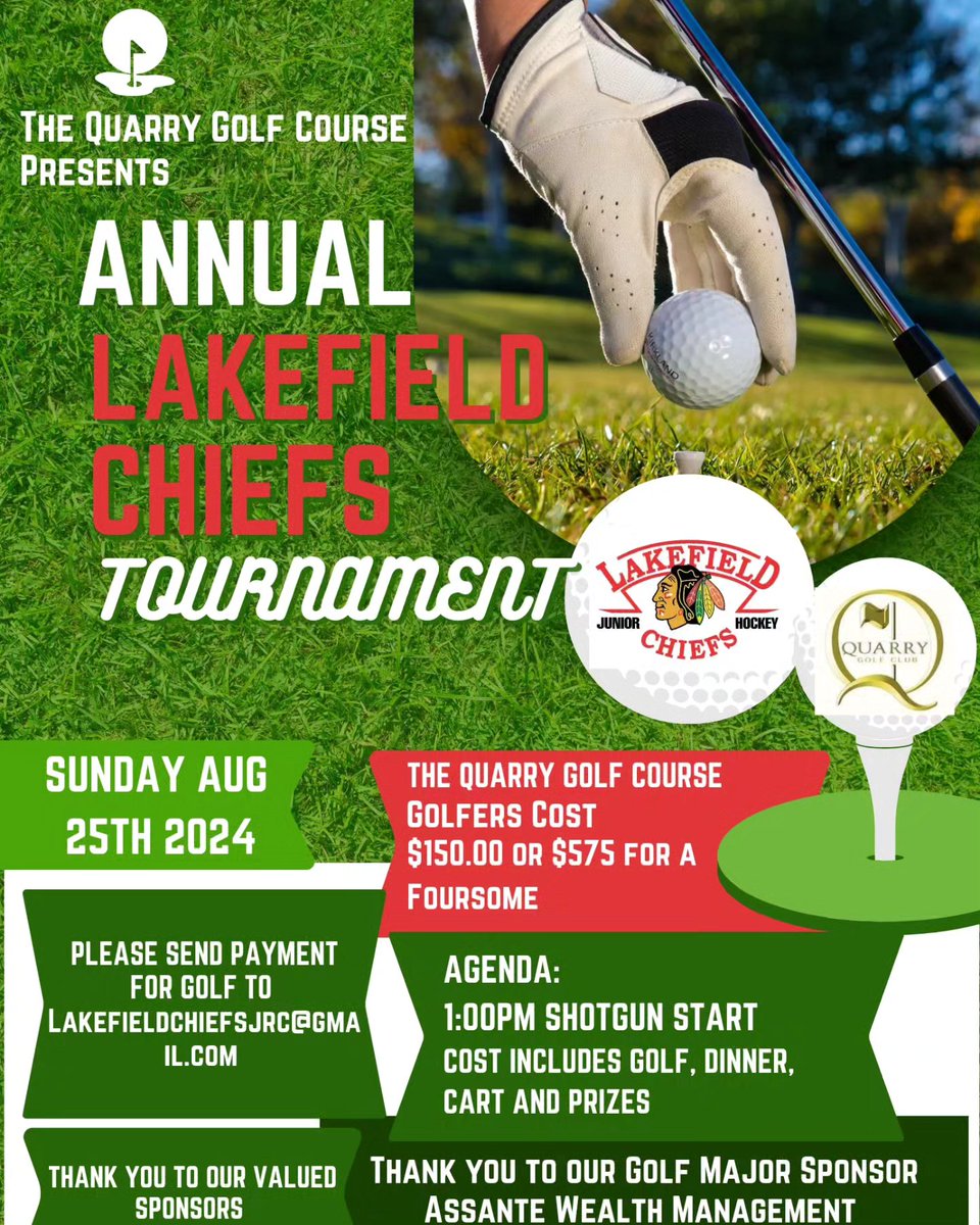 Lakefield Chiefs (@chiefs_jrc) on Twitter photo Join us for a great afternoon of golf this summer while supporting our Lakefield Jr. C hockey team! Register today at lakefieldchiefsjrc@gmail.com. More info is available on our website at lakefieldchiefs.pjhlon.hockeytech.com/annual-golf-to… Join us for a great afternoon of golf this summer while supporting our Lakefield Jr. C hockey team! Register today at lakefieldchiefsjrc@gmail.com. More info is available on our website at lakefieldchiefs.pjhlon.hockeytech.com/annual-golf-to…
