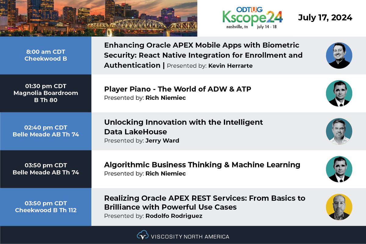 ViscosityNA's tweet photo. Day 4 at @odtug #Kscope24!    
🕗#APEX Apps &amp; Biometric #Security | Kevin Herrarte
🕜ADW &amp; ATP &amp; Algorithmic Business Thinking &amp; #ML | #ACED
@richniemiec
🕓Innovation with the Intelligent #Data LakeHouse | @oraclecoffee
🕓#orclAPEX REST Services | @rrd71

https://t.co/1V9cIRnA3K https://t.co/FEU8o7yozs