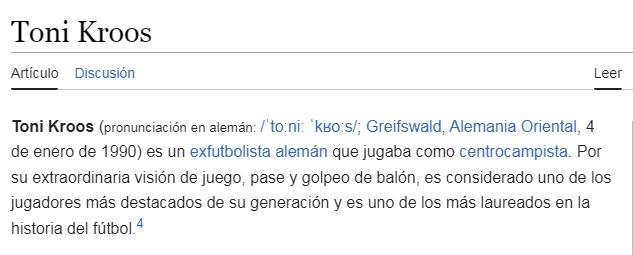 Que fuerte leer en Wikipedia que Toni Kroos es un exfutbolista alemán.. Gracias por todo el fútbol que nos diste crack..