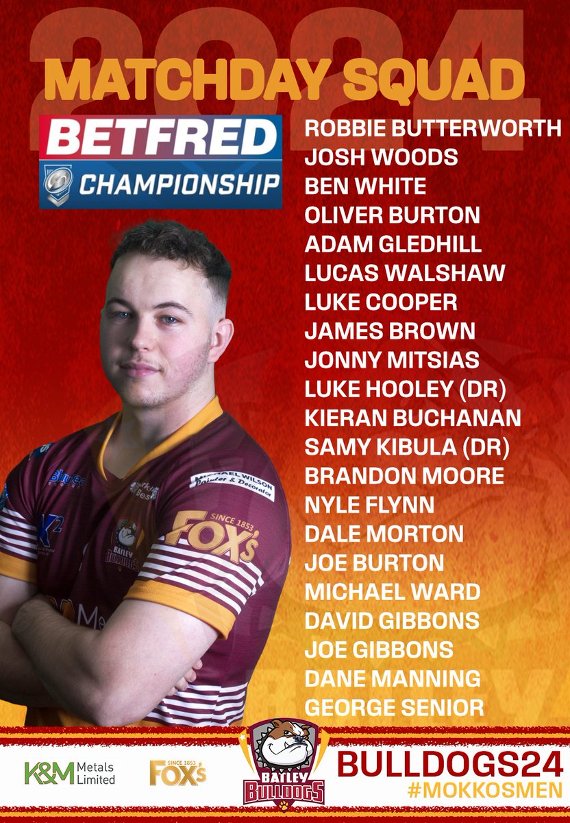 BatleyRLFC's tweet photo. TEAM NEWS | Mokko has announced his 21-man squad ahead of Sunday's @Betfred Championship clash against @WTrinityRL away!

#MOKKOSMEN https://t.co/dEqbkDLcXo