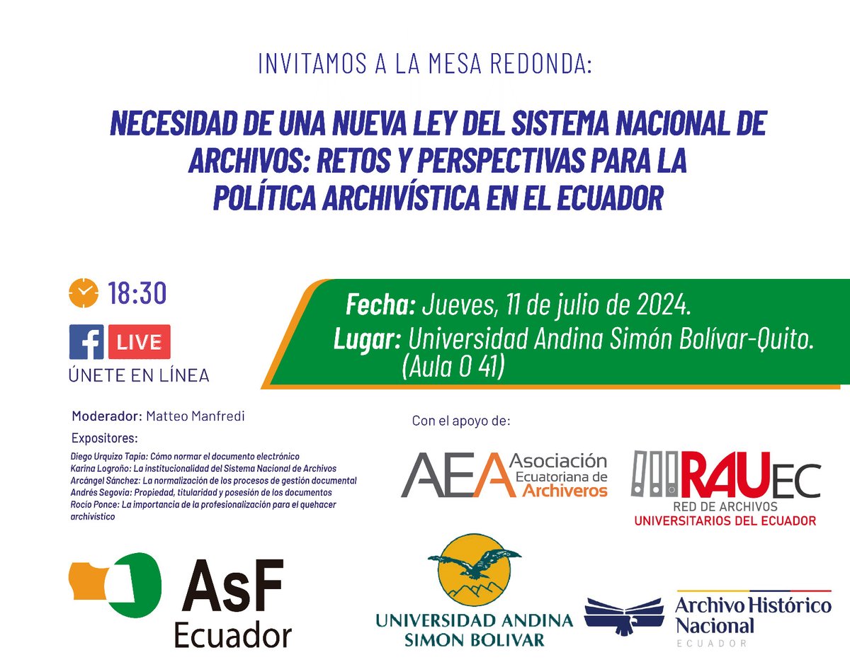 uasbecuador's tweet photo. 📜🗣️ Únete a nuestra mesa redonda sobre la "Necesidad de una nueva ley del Sistema Nacional de Archivos en Ecuador". Exploraremos los retos y perspectivas para la política archivística, clave para el acceso a la información y la transparencia estatal.

🎤 Participan destacados ponentes.

📅 11 de julio 
🕡 18h30 
📍 Aula O-41

Reserva tu lugar 👉 https://t.co/etfo3CRA7G