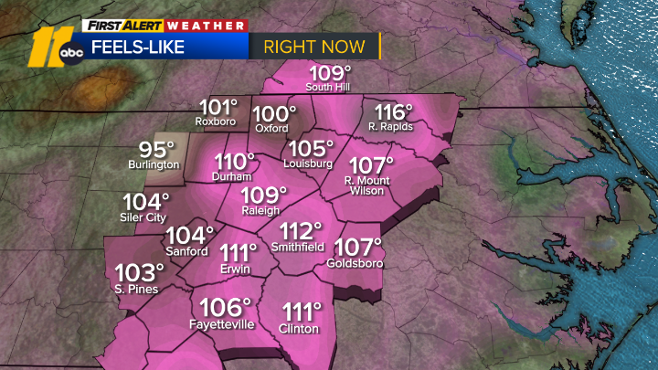 BigweatherABC11's tweet photo. Today is now the hottest day in #Raleigh, ever! We hit 106° last hour, breaking the previous record of 105°. Feels-like numbers are triple digits as well. Here are the 3pm numbers. Stay safe out there!  #ncwx https://t.co/UxYPATmBEf