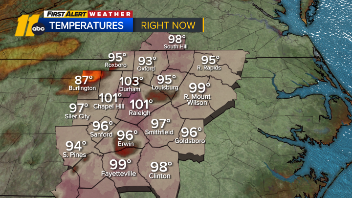 BigweatherABC11's tweet photo. Today is now the hottest day in #Raleigh, ever! We hit 106° last hour, breaking the previous record of 105°. Feels-like numbers are triple digits as well. Here are the 3pm numbers. Stay safe out there!  #ncwx https://t.co/UxYPATmBEf