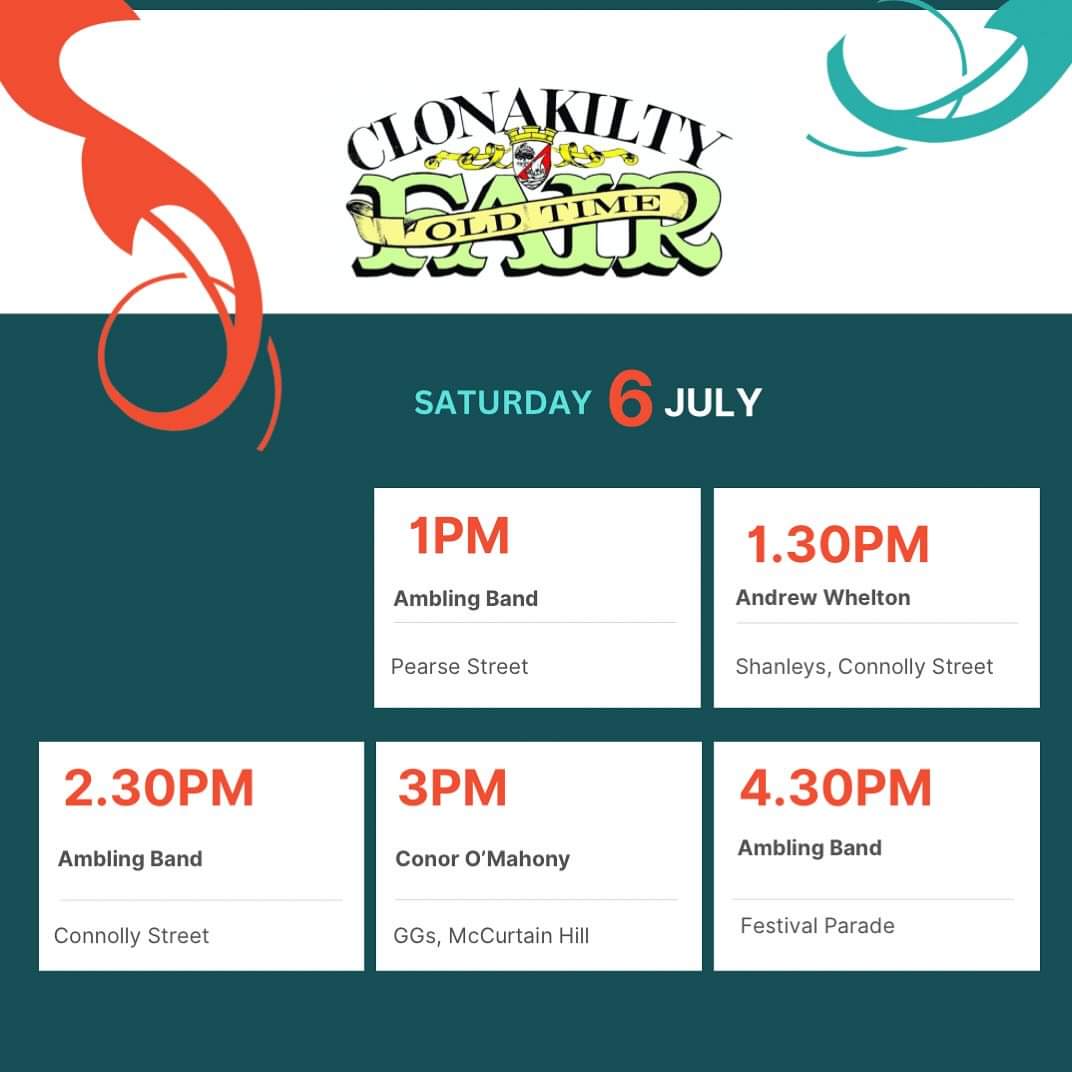 sinead_crowley's tweet photo. @ClonOldTimeFair tomorrow!
Crafts, culture, traditions, music, dancing, bands, vintage cars & equipment, festival parade & more!
Street music starts at 1pm on Pearse Street with @TheAmblingBand & much more for the day πΆπ©π
#oldtimefair #purecork #westcork #clonakilty https://t.co/hDhKfpvNWA