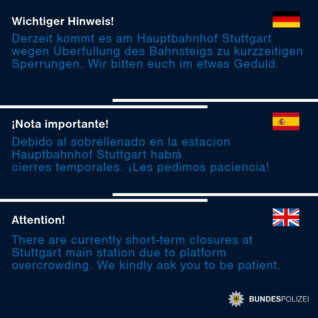 Infos zur Abreise nach #ESPGER:

Derzeit kommt es am Haltepunkt #Neckarpark und im S-Bahn-Bereich am Hbf #Stuttgart zu kurzzeitigen Sperrungen 👇🏼