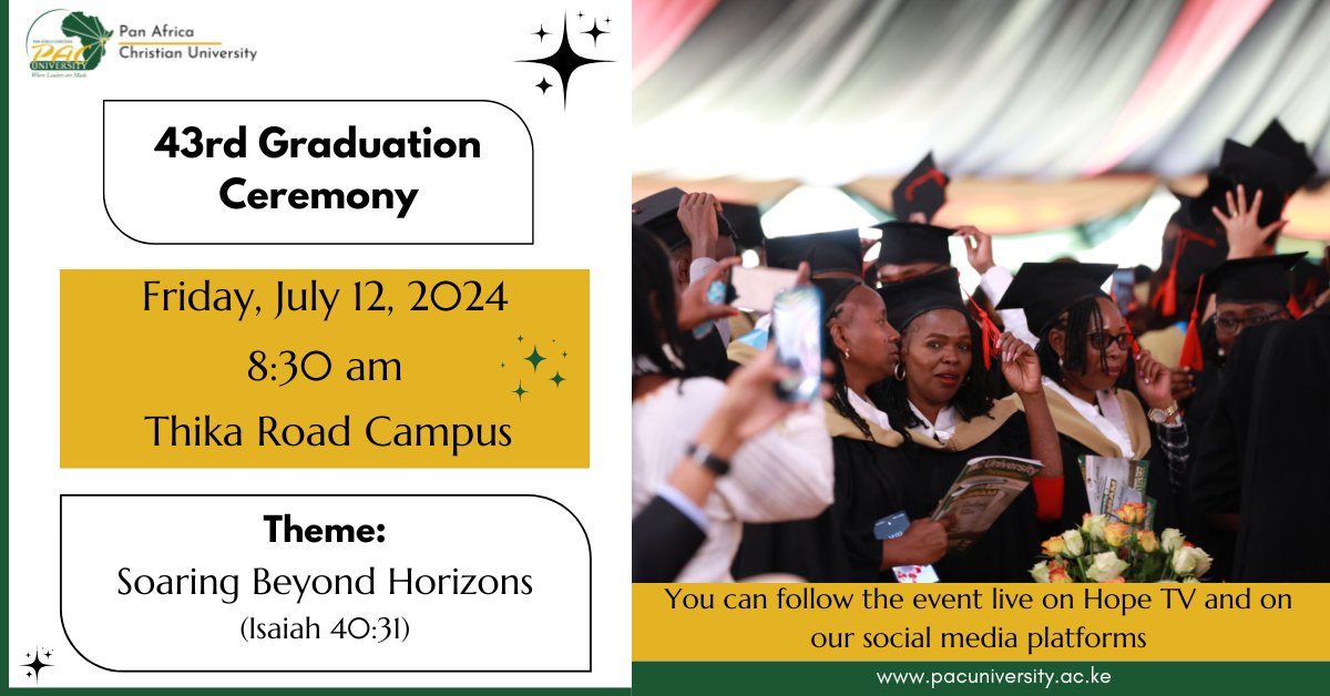 PACUniversityKE's tweet photo. 𝑨𝒏𝒅 𝒇𝒊𝒏𝒂𝒍𝒍𝒚...
Our Graduation Day is here!
This is the day that the Lord has made, and we will rejoice and be glad as we celebrate our graduating students. 

𝑪𝒐𝒏𝒈𝒓𝒂𝒕𝒖𝒍𝒂𝒕𝒊𝒐𝒏𝒔, 𝑪𝒍𝒂𝒔𝒔 𝒐𝒇 𝟐𝟎𝟐𝟒!
#PACGraduation #43rdGraduation https://t.co/Mpa9KCWZap