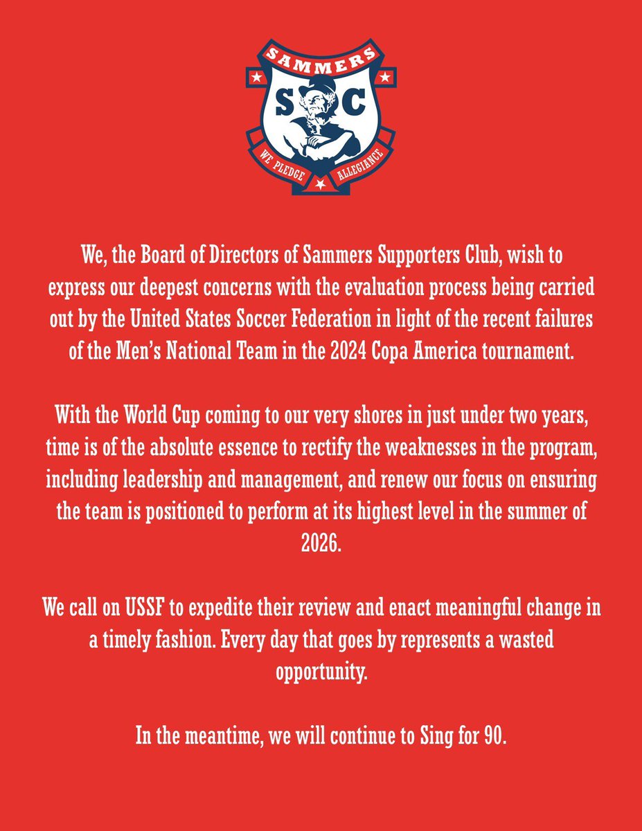 AO (@americanoutlaws) on Twitter photo #ICYMI
Love for our national team is above all. We all sacrifice too much time, money, and effort to follow this team for the results we have been getting for far too long.
The supporters are united - #AOFamily + <a href="/B76USA/">Barra 76</a> + <a href="/sammerssc/">Sammers S.C.</a>
<a href="/ussoccer/">U.S. Soccer</a> must make a head coaching #ICYMI
Love for our national team is above all. We all sacrifice too much time, money, and effort to follow this team for the results we have been getting for far too long.
The supporters are united - #AOFamily + <a href="/B76USA/">Barra 76</a> + <a href="/sammerssc/">Sammers S.C.</a>
<a href="/ussoccer/">U.S. Soccer</a> must make a head coaching