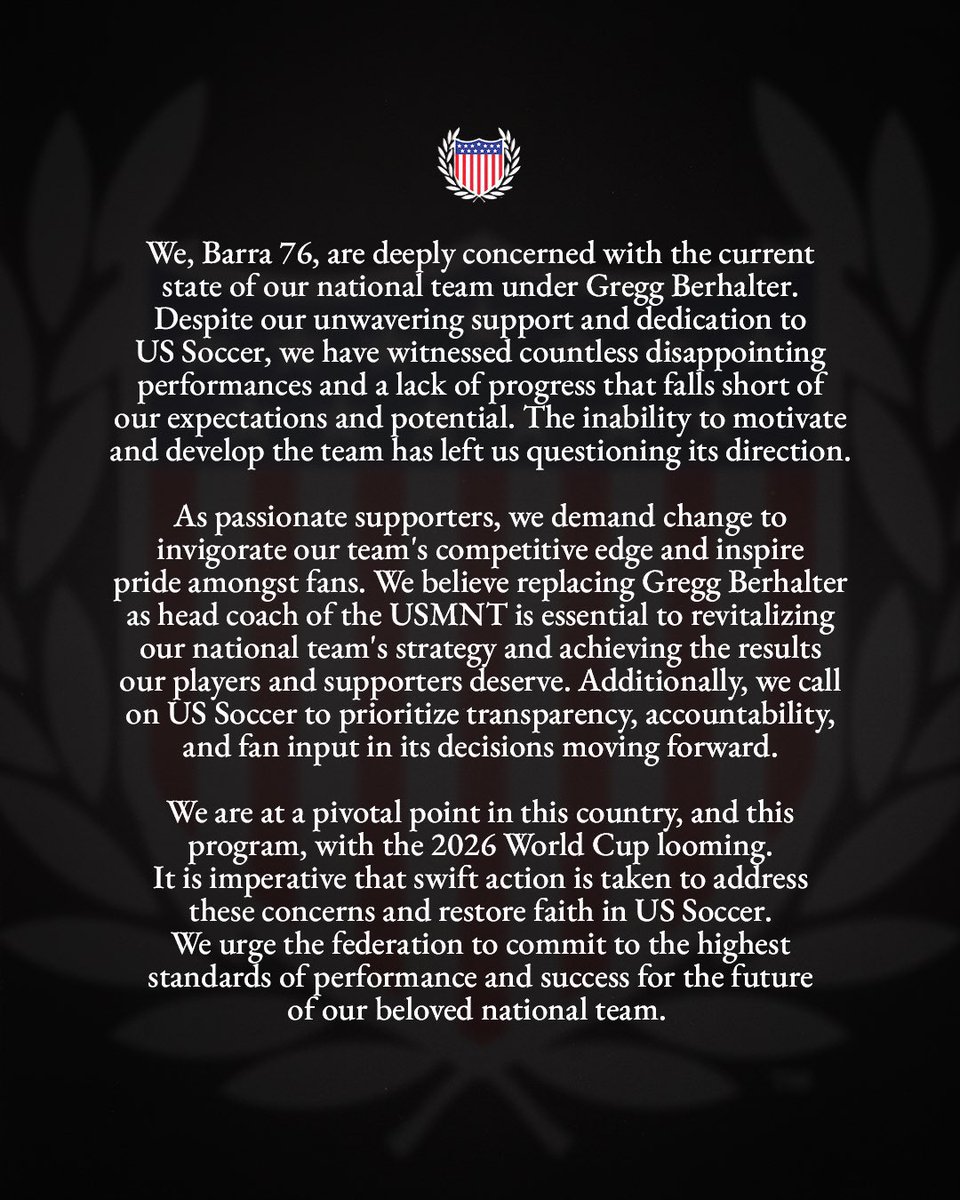 AmericanOutlaws's tweet photo. #ICYMI 

Love for our national team is above all. We all sacrifice too much time, money, and effort to follow this team for the results we have been getting for far too long. 

The supporters are united - #AOFamily + @B76USA + @sammerssc 

@ussoccer must make a head coaching change. We’re not letting up.