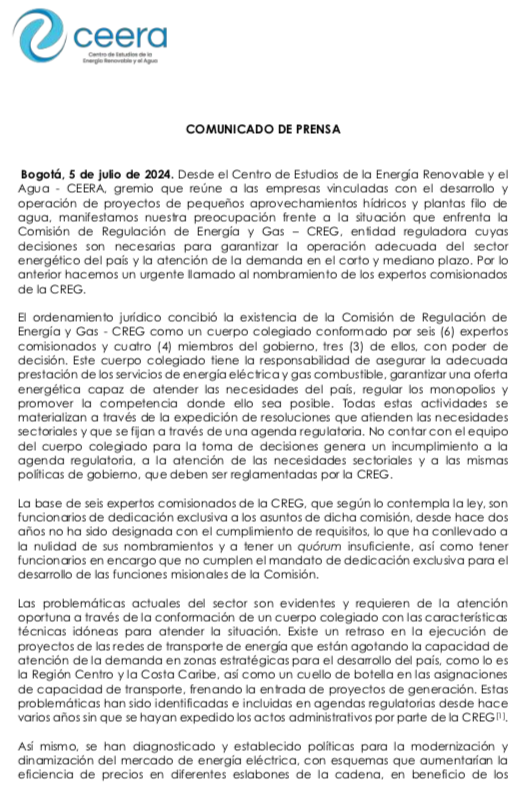 CeeraColombia's tweet photo. ⚠️COMUNICADO-PRONUNCIAMIENTO⚠️ 

@CeeraColombia Centro de Estudios de la Energía Renovable y el Agua hace un llamado al Gobierno Nacional, sobre la difícil situación de la @comisioncreg.  

CC @infopresidencia @petrogustavo @andrescamachom_ https://t.co/NBT9nNywBw