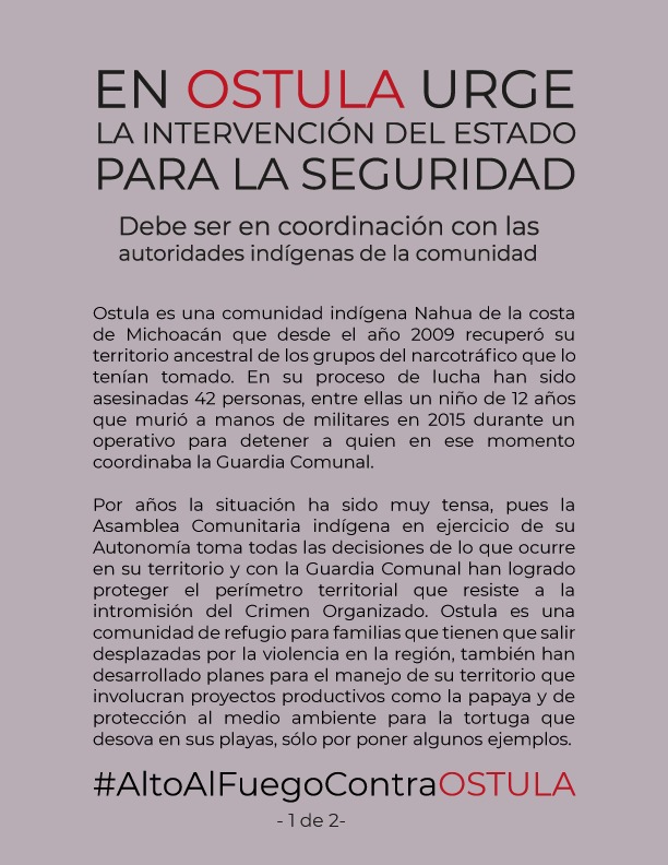 ZosimoCamacho's tweet photo. Hoy la comunidad nahua de #Ostula resiste el embate armado del #CJNG. El #narco trata de tomar una las encargaturas de este pueblo indígena de la Costa de Michoacán. La comunidad tiene a su #GuardiaComunal haciendo frente; pero reclaman el apoyo de los 3 niveles de gobierno. 1/2 https://t.co/9sf1WDyjuB