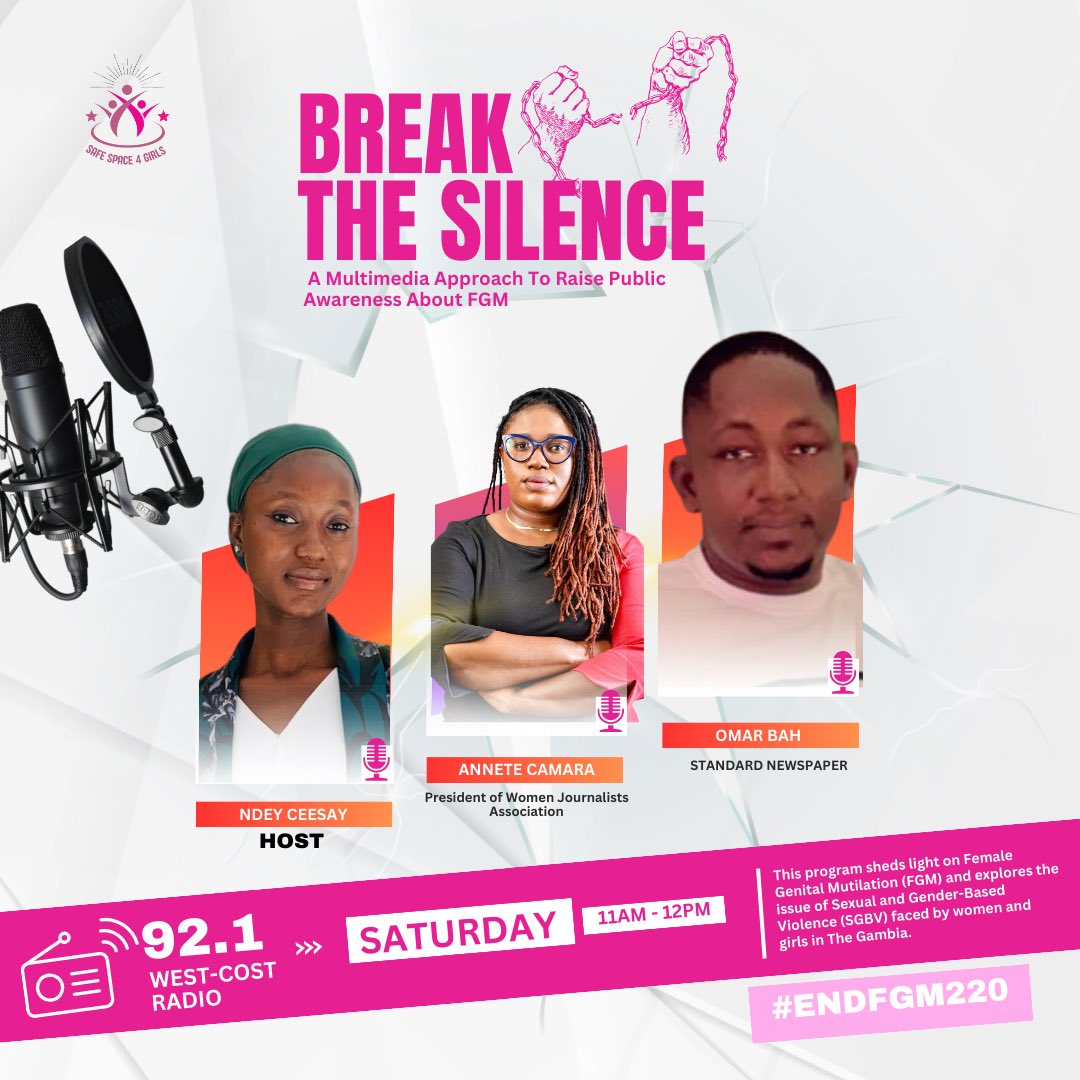 It’s week 7️⃣ of the “Break The Silence” show. This week we will discuss the Role of Media In Eradicating #FGM.

Tune into WCR on 92.1 to hear from our special guests, media personalities, who will share their insights on how we can use media as a tool for advocacy in ending FGM.