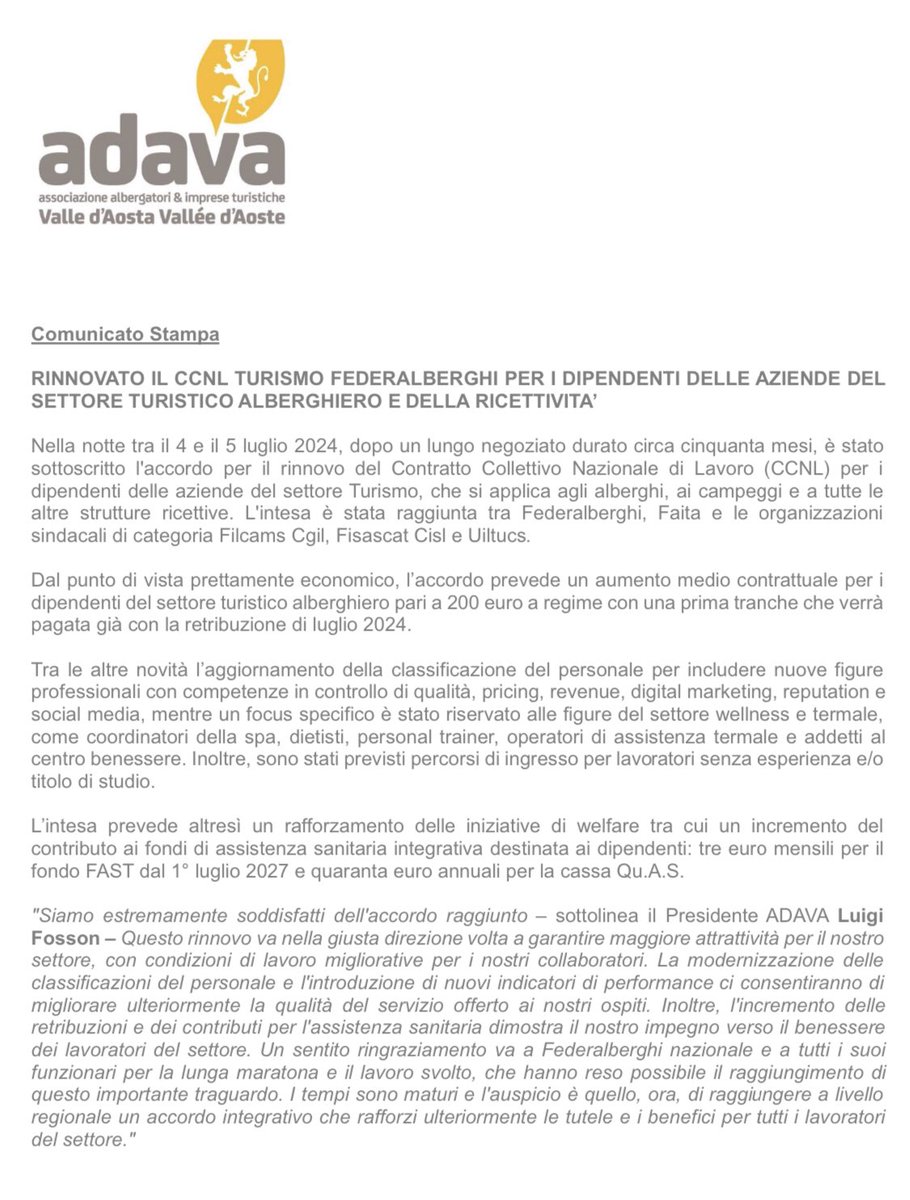 adava_official's tweet photo. "Siamo estremamente soddisfatti dell'accordo raggiunto che va nella giusta direzione volta a garantire maggiore attrattività per il nostro settore, con condizioni di lavoro migliorative per i nostri collaboratori”. Luigi Fosson, Presidente Adava Federalberghi Valle d’Aosta. https://t.co/NJXGgOCIGC