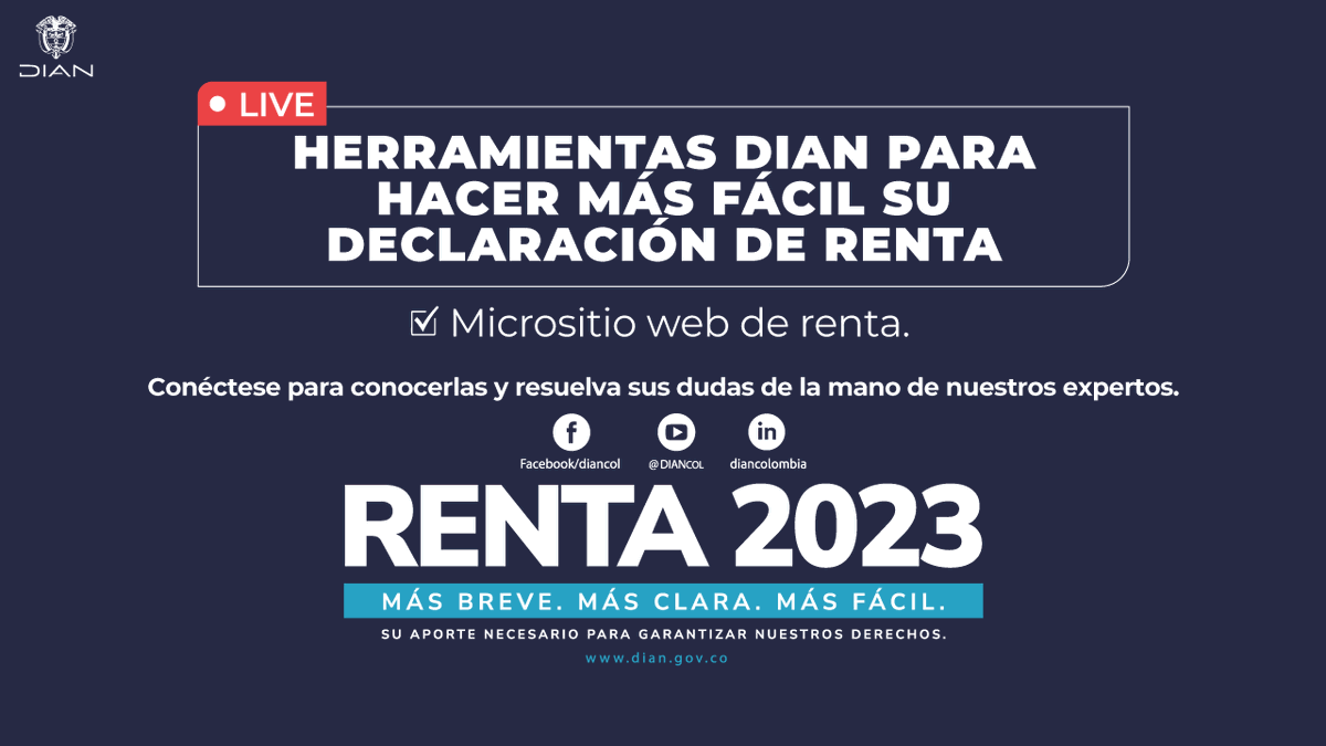DIANColombia's tweet photo. Prográmese y conéctese a nuestra capacitación sobre Renta. Le explicaremos cómo está diseñado el nuevo micrositio donde encontrará información y herramientas de ayuda para presentar su declaración. Conéctese aquí 👉 https://t.co/NQxkCwSshX https://t.co/G3ad0onvwO