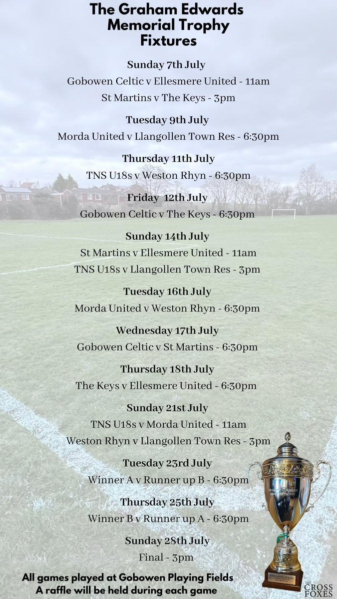 GE Memorial Trophy (@gemtrophy) on Twitter photo This years’ tournament begins on Sunday with a double header in Group A, as holders <a href="/GobowenCelticFC/">Gobowen Celtic FC</a> open against <a href="/EllesmereUtd/">Ellesmere United FC</a>, followed by <a href="/St_MartinsFC/">St Martins Football Club</a> against <a href="/TheKeysFc2012/">The Keys FC</a>.
Match days raffles, all raising funds for <a href="/bloodcancer_uk/">Blood Cancer UK</a>
All support greatly appreciated
⚽️🏆🎟️💰 This years’ tournament begins on Sunday with a double header in Group A, as holders <a href="/GobowenCelticFC/">Gobowen Celtic FC</a> open against <a href="/EllesmereUtd/">Ellesmere United FC</a>, followed by <a href="/St_MartinsFC/">St Martins Football Club</a> against <a href="/TheKeysFc2012/">The Keys FC</a>.
Match days raffles, all raising funds for <a href="/bloodcancer_uk/">Blood Cancer UK</a>
All support greatly appreciated
⚽️🏆🎟️💰