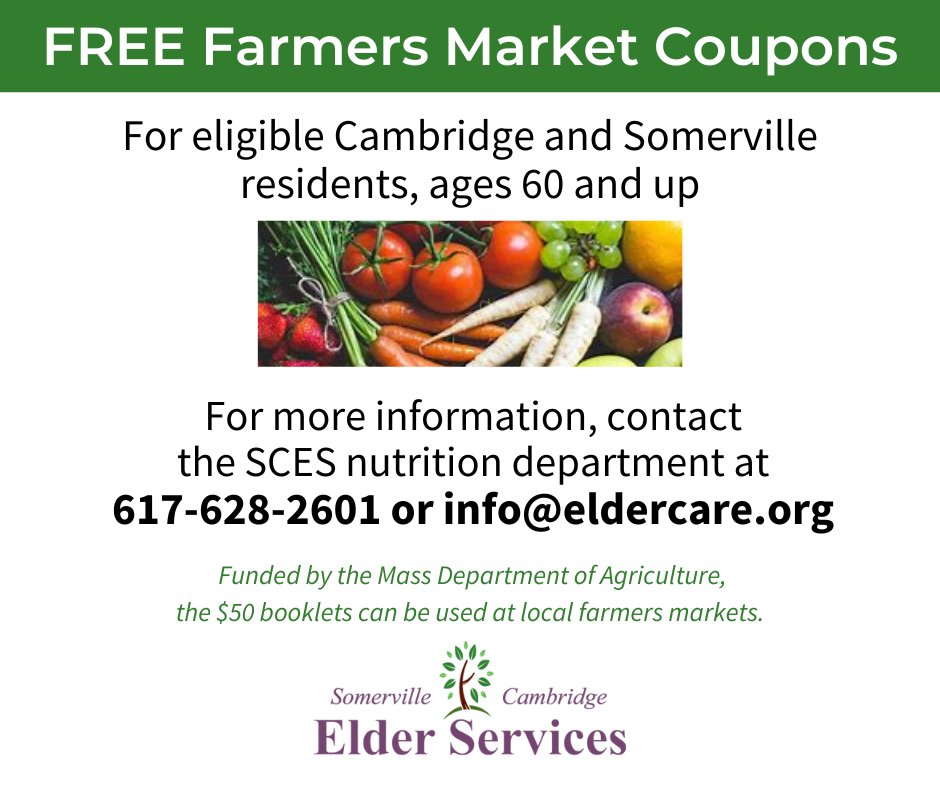 Summer is here, and SCES’ farmers market coupon program is back! Each coupon booklet contains a total value of $50.

Pick them up at our office, the Somerville Council on Aging or the Cambridge Council on Aging. 

Visit our website for more info 
eldercare.org/free-2024-farm…