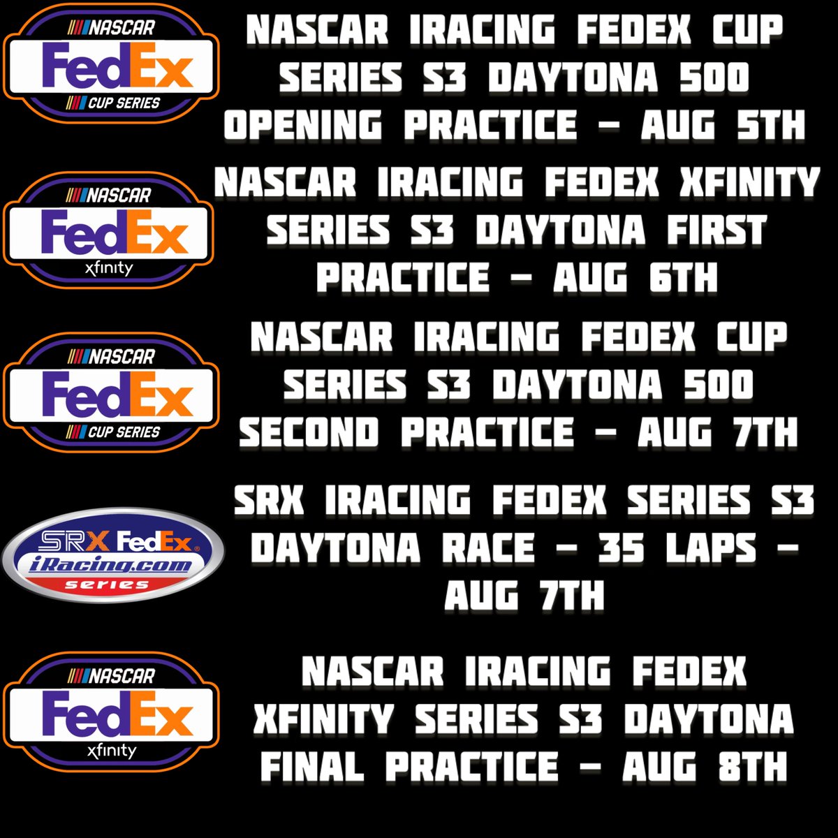 FedExLeague's tweet photo. NASCAR IRACING FEDEX LEAGUE SPEEDWEEKS SCHEDULE https://t.co/1f7IYdpTpq