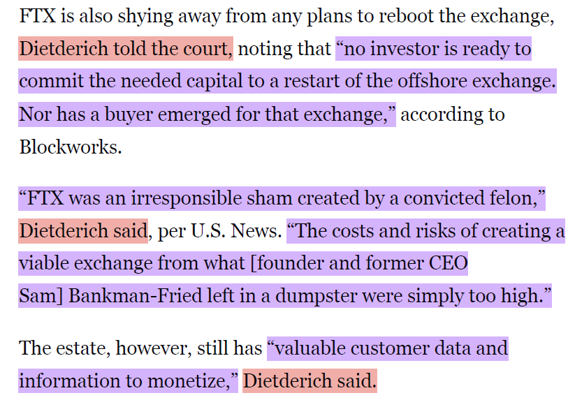 MrPurple_DJ's tweet photo. To be clear, what you are suggesting is that US based regulators are extrajudicially “applying pressure” to US based and non-US based Debtors (private companies with millions of creditors, creditors who were victims of fraud no less).

So, if true, you allege that even if restarting FTX would provide more recovery to creditors, the regulators are ensuring that it does not happen!?! “behind the scenes”!?! Affecting millions of individuals worldwide for potentially less recovery!

That would be an unprecedented and potentially illegal activity that sounds like an Operation Chokepoint 2.0 activity. That’s a pretty salacious allegation without evidence, what gives you that impression and/or do you have any evidence of that being true?

That would be like a 5 out of 5 Tin Foil Hat Conspiracy Theory being found to be true, so if you have evidence, please share it with the world.

Would welcome a declaration, an affidavit, or Deposition of any Debtor professionals (subpoenaed if necessary) stating under oath why FTX could not be restarted.

Regulatory pressure has never been stated and the only information provided, in entirety, from the Debtors is a statement made by Andrew Dietderich in court stating:

“No investor is ready to commit the needed capital…” “nor has a buyer emerged from that exchange…” but still has “valuable customer data and information to monetize" (quoted from his statements in court January 31st, 2024). No sale of the customer "data and information" appears to be underway either for potential additional monetization.

Multiple buyers were known (Bullish, Figure, and Proof Group), and public statements indicate that bidders believed their offers “worth $billions to FTX creditors.”

First, it is implausible to believe that those offers were not committing a stated amount of capital (in cash, not just equity, for some amount in the millions, tens of millions, or maybe even $100mm in cash $USD) to restart the business. The public (and more importantly creditors) have only been informed that it was not “the needed capital.” How would you define “needed?” Critically, how I might define “needed” could be different than your definition vs. the Debtor’s definition, or any other creditor for that matter.

Second, if it is “regulators… applying pressure (and[/or] bullying)” then Debtors should testify to that. That could in theory be a violation of law and/or bankruptcy code (one that would be so unprecedented, I don’t believe a situation like that has ever existed historically).

Given that the hallmark of bankruptcy is transparency, it would be more appropriate for the Debtors to file a declaration to the Court, citing under the “business judgement rule” how they define “needed capital” or at a minimum include a statement under penalty of perjury in the Disclosure Statement.

Creditors deserve an answer at a minimum.
