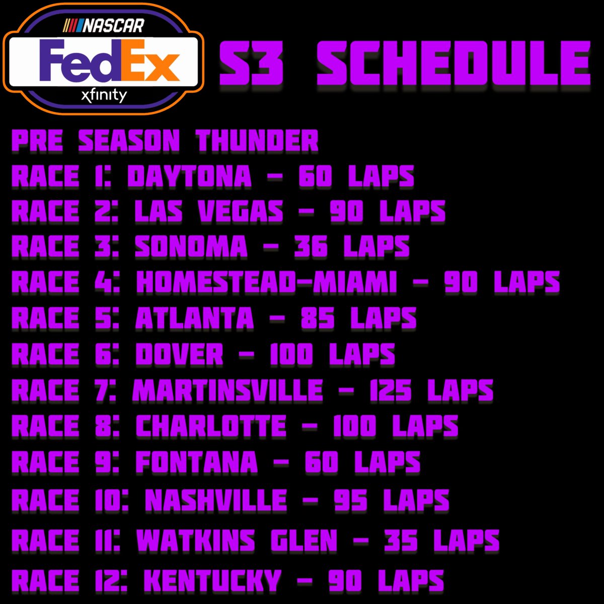 FedExLeague's tweet photo. NASCAR IRACING FEDEX XFINITY SERIES S3 SCHEDULE https://t.co/KMgWLTn28D