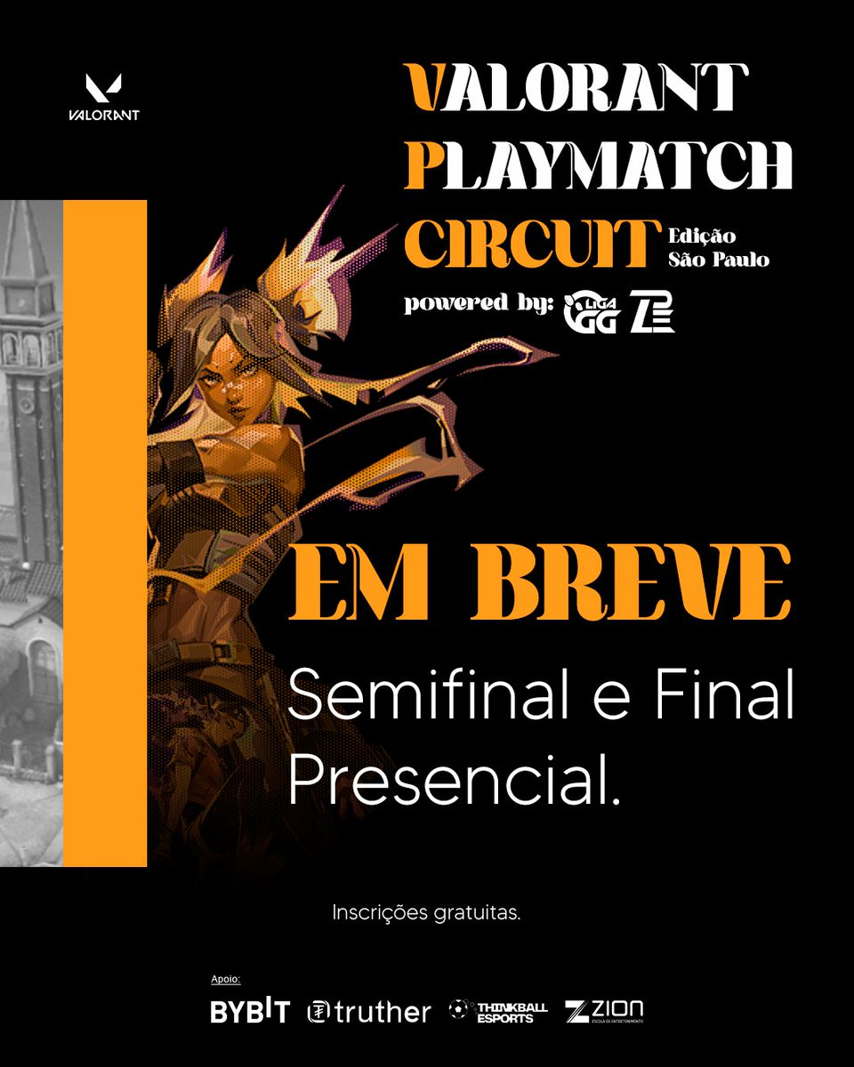 VALORANT PLAYMATCH CIRCUIT!

Em parceria com a <a href="/LPEE_OFC/">LIGA PAULISTA DE ESPORTES ELETRÔNICOS</a> anunciamos mais um TORNEIO de VALORANT para a nossa comunidade.

A Premiação será de R$ EM BREVE 😈

As Semifinais e Final acontecem em um evento PRESENCIAL lá na #ZionSantoAmaro 

E o mais legal, as inscrições são