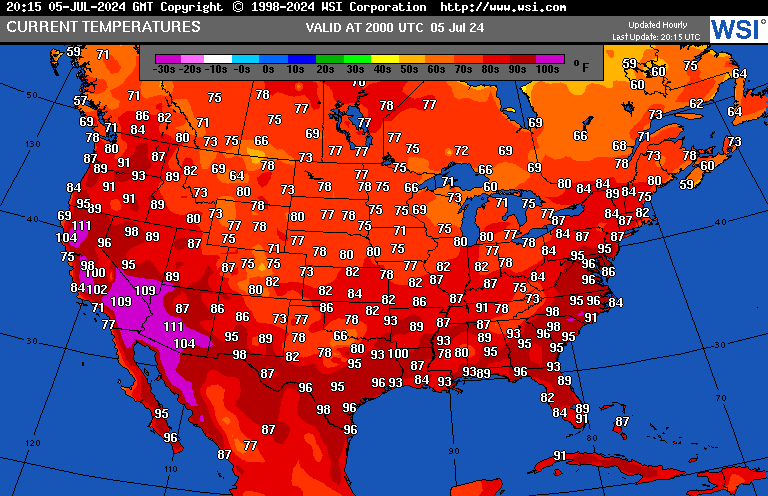 climateguyw's tweet photo. On FRI 7/05/024 #HeatwaveGasprom continued building in the West and should be a historic CAT4 in California this weekend. A line of t-storms was slicing into the South, diminishing #HeatwaveExxon, but high heat index values near 105 persisted in many areas.
@orosane @SteveMacNBC6 https://t.co/nJfeDLJqMa
