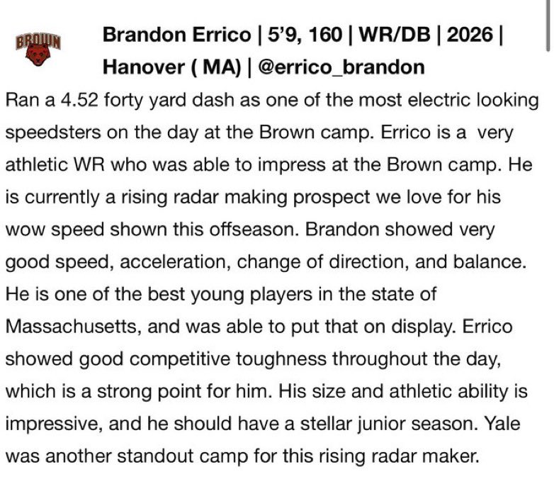 Thank you for the write up! <a href="/sixstarfootball/">Six Star Football | PLUS+</a> <a href="/BrownU_Football/">Brown Bears Football</a> <a href="/HanoverFball/">Hanover Football</a>