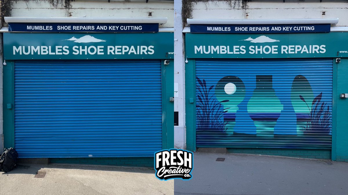 Russell came to us for something unique for his business, Mumbles Shoe Repair.

With the angle of an optical illusion, Phil and Mark designed and painted a night scene, using the 3 main icons of the business as a gateway onto a beach scene

#muralartist #graffitiart #graffuk