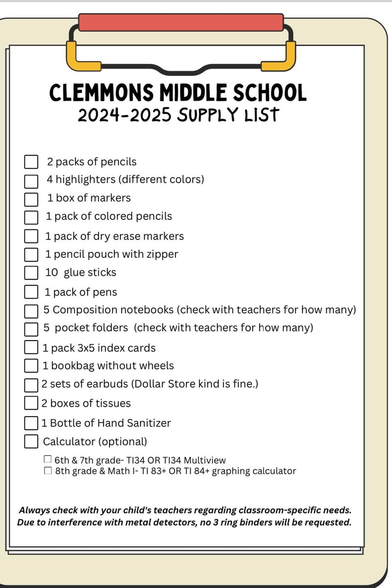 CMSCardsWSFCS's tweet photo. School begins on August 12th….Here is the supply list to help you get a jump start on back to school shopping. https://t.co/Vxv99FG0bv